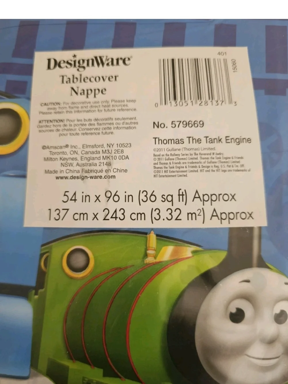 Thomas the Tank Engine Plastic Tablecover Percy James Designware Blue 2011 54x96